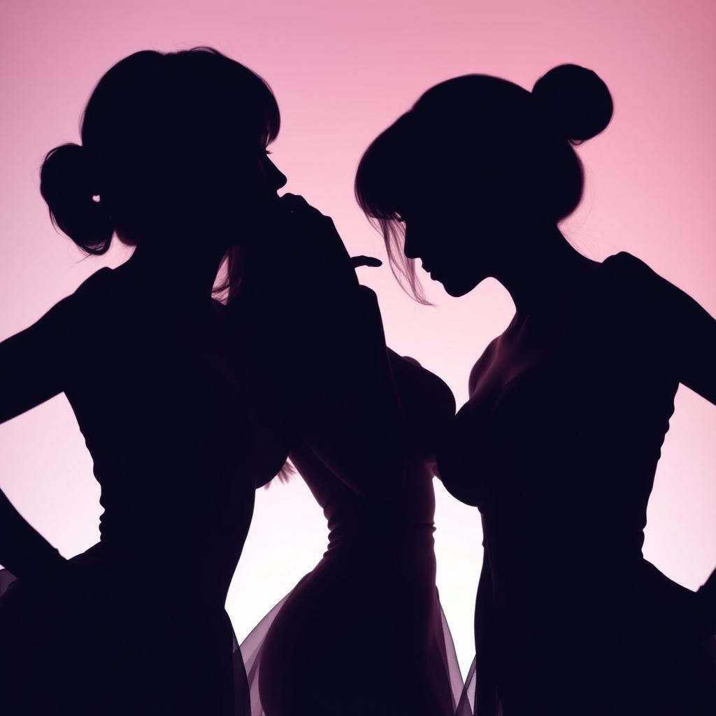 A romantic silhouette scene featuring a woman positioned elegantly between two K-Pop idols