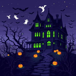 A spooky pixel art scene of a haunted mansion at night