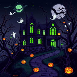 A spooky pixel art scene of a haunted mansion at night