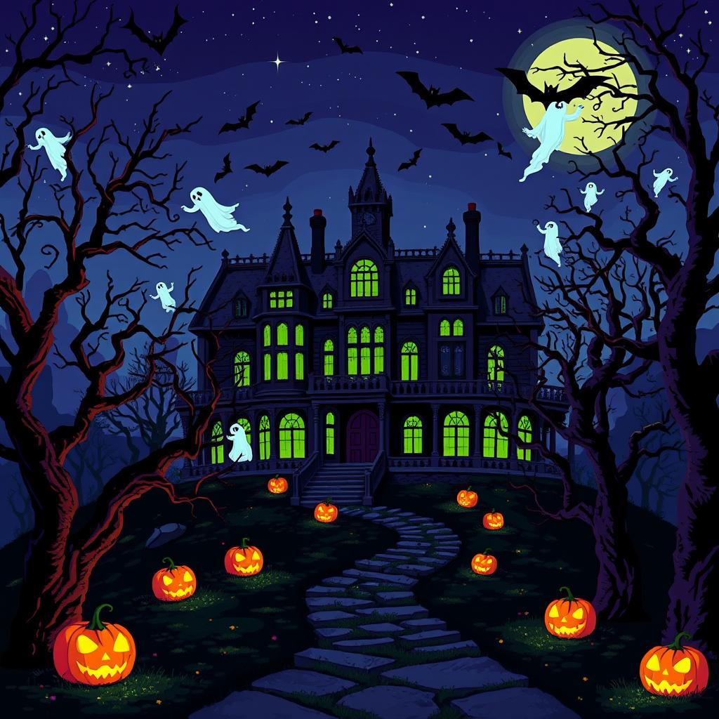 A spooky pixel art scene of a haunted mansion at night