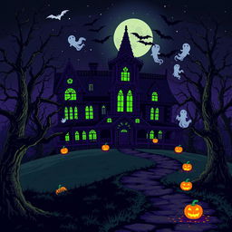 A spooky pixel art scene of a haunted mansion at night