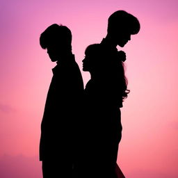 A romantic silhouette scene featuring a woman gracefully positioned between two male K-Pop idols