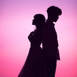 A romantic silhouette scene featuring a woman gracefully positioned between two male K-Pop idols