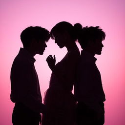 A romantic silhouette scene featuring a woman gracefully positioned between two male K-Pop idols