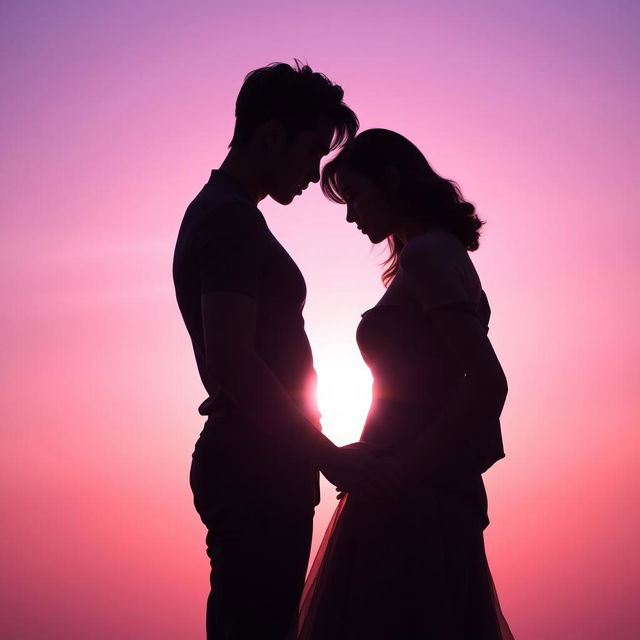 A romantic silhouette scene featuring a woman gracefully positioned between two male K-Pop idols