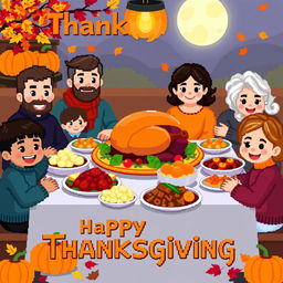 A vibrant pixel art scene representing Thanksgiving, featuring a beautifully arranged dinner table filled with a golden-brown roasted turkey, colorful side dishes like mashed potatoes, cranberry sauce, and green bean casserole