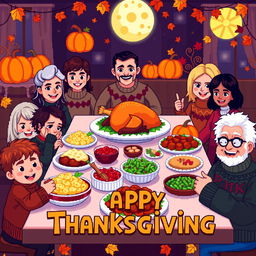 A vibrant pixel art scene representing Thanksgiving, featuring a beautifully arranged dinner table filled with a golden-brown roasted turkey, colorful side dishes like mashed potatoes, cranberry sauce, and green bean casserole