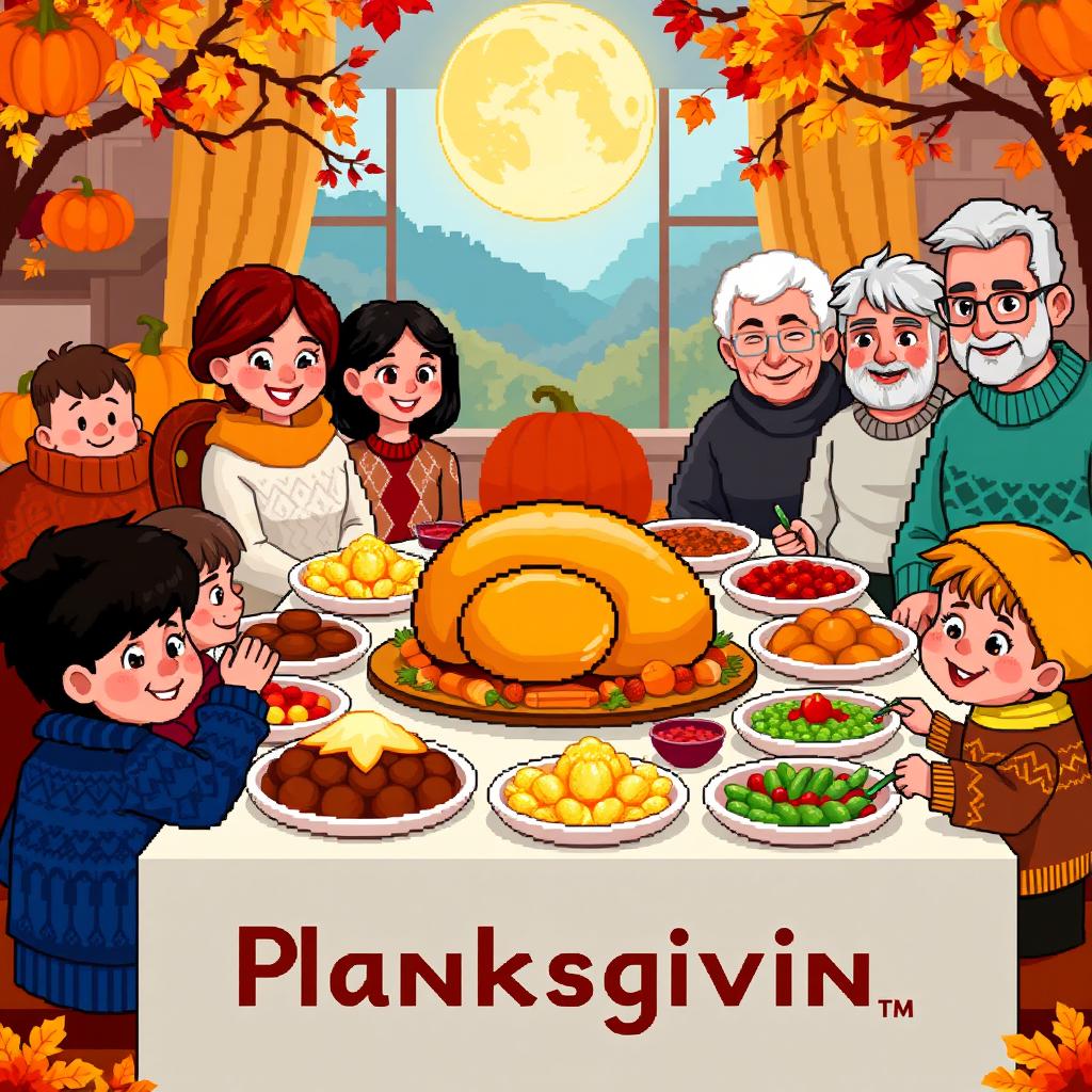 A vibrant pixel art scene representing Thanksgiving, featuring a beautifully arranged dinner table filled with a golden-brown roasted turkey, colorful side dishes like mashed potatoes, cranberry sauce, and green bean casserole