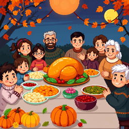 A vibrant pixel art scene representing Thanksgiving, featuring a beautifully arranged dinner table filled with a golden-brown roasted turkey, colorful side dishes like mashed potatoes, cranberry sauce, and green bean casserole