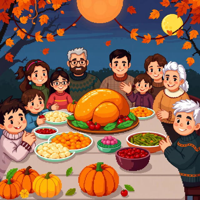 A vibrant pixel art scene representing Thanksgiving, featuring a beautifully arranged dinner table filled with a golden-brown roasted turkey, colorful side dishes like mashed potatoes, cranberry sauce, and green bean casserole