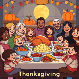 A lively cartoon-style pixel art scene for Thanksgiving, showcasing a festive dinner table filled with a perfectly roasted turkey, colorful mashed potatoes, vibrant cranberry sauce, and colorful side dishes