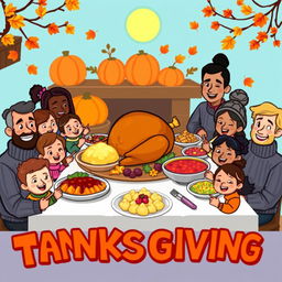 A lively cartoon-style pixel art scene for Thanksgiving, showcasing a festive dinner table filled with a perfectly roasted turkey, colorful mashed potatoes, vibrant cranberry sauce, and colorful side dishes