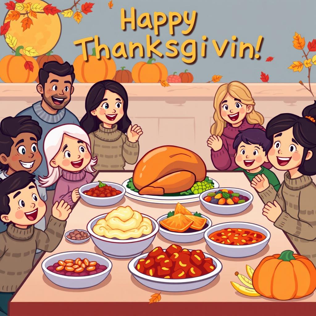 A lively cartoon-style pixel art scene for Thanksgiving, showcasing a festive dinner table filled with a perfectly roasted turkey, colorful mashed potatoes, vibrant cranberry sauce, and colorful side dishes