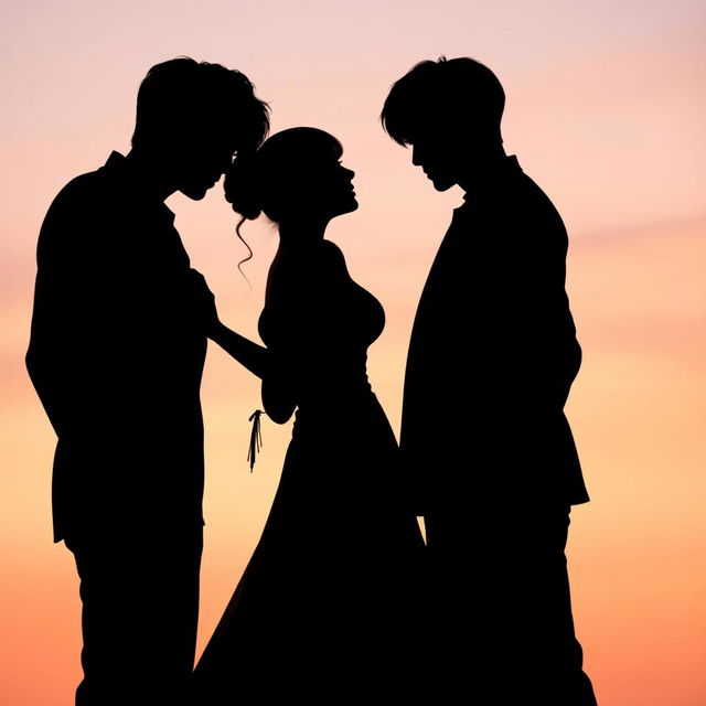 A romantic silhouette scene featuring a woman elegantly positioned between two male members of the K-Pop group BTS