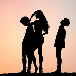 A romantic silhouette scene featuring a woman elegantly positioned between two male members of the K-Pop group BTS