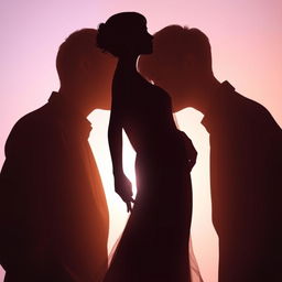 A romantic silhouette scene featuring a woman elegantly positioned between two male members of the K-Pop group BTS