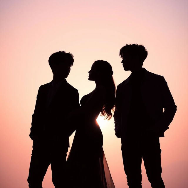 A romantic silhouette scene portraying a woman elegantly standing between two male members of the K-Pop group BTS