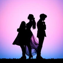 A romantic silhouette scene portraying a woman elegantly standing between two male members of the K-Pop group BTS