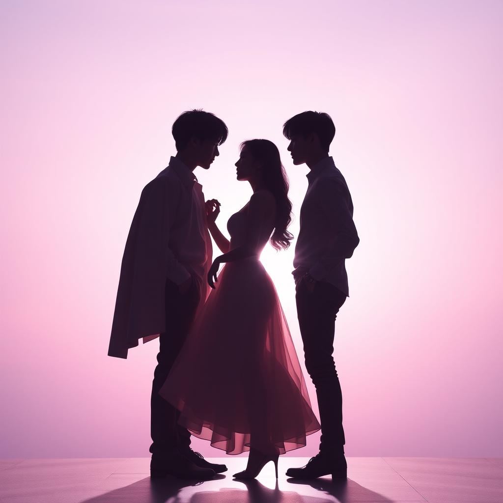 A romantic silhouette scene portraying a woman elegantly standing between two male members of the K-Pop group BTS