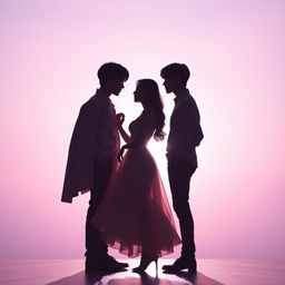 A romantic silhouette scene portraying a woman elegantly standing between two male members of the K-Pop group BTS