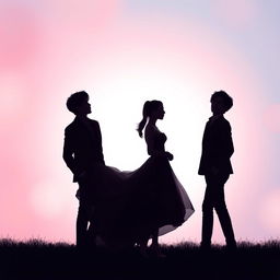 A romantic silhouette scene portraying a woman elegantly standing between two male members of the K-Pop group BTS