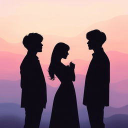 A romantic silhouette composition featuring a woman gracefully standing between two male idols from the K-Pop group BTS