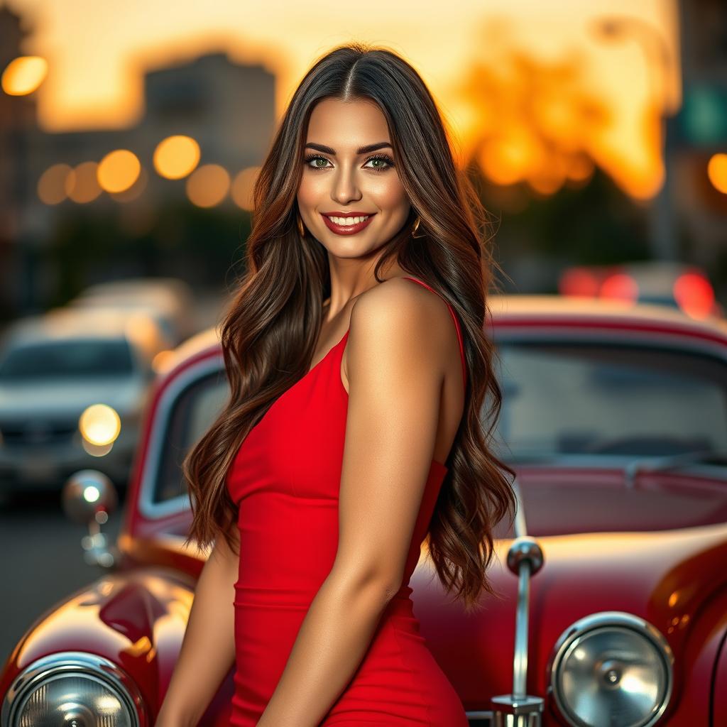 A stunning woman with long flowing brunette hair, dressed in a stylish, form-fitting red dress that flatters her curves