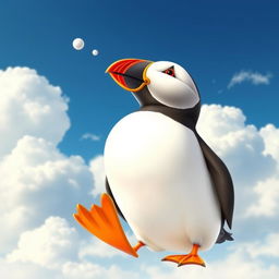 Pip the puffin depicted in a joyful pose as he looks up at a clear blue sky filled with fluffy white clouds