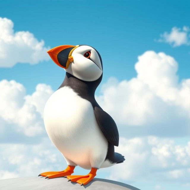 Pip the puffin depicted in a joyful pose as he looks up at a clear blue sky filled with fluffy white clouds