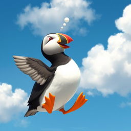 Pip the puffin depicted in a joyful pose as he looks up at a clear blue sky filled with fluffy white clouds