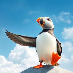 Pip the puffin depicted in a joyful pose as he looks up at a clear blue sky filled with fluffy white clouds