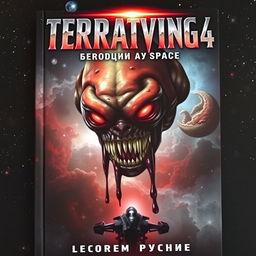 A chilling book cover for 'Terrifying 4: Bloody Space', featuring a dark, cosmic background filled with ominous stars and swirling galaxies