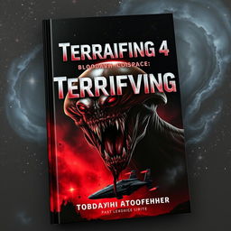 A chilling book cover for 'Terrifying 4: Bloody Space', featuring a dark, cosmic background filled with ominous stars and swirling galaxies