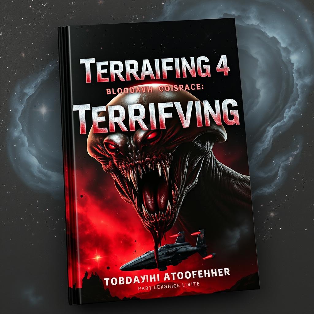 A chilling book cover for 'Terrifying 4: Bloody Space', featuring a dark, cosmic background filled with ominous stars and swirling galaxies