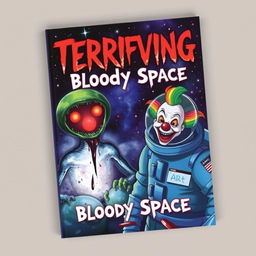 A chilling book cover for 'Terrifying 4: Bloody Space', featuring a dark cosmic background filled with ominous stars and swirling galaxies