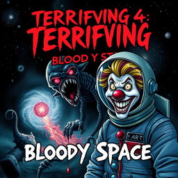 A chilling book cover for 'Terrifying 4: Bloody Space', featuring a dark cosmic background filled with ominous stars and swirling galaxies
