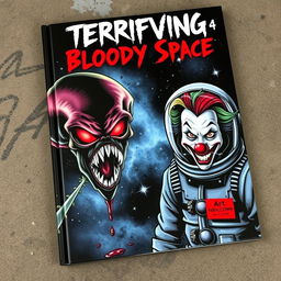 A chilling book cover for 'Terrifying 4: Bloody Space', featuring a dark cosmic background filled with ominous stars and swirling galaxies