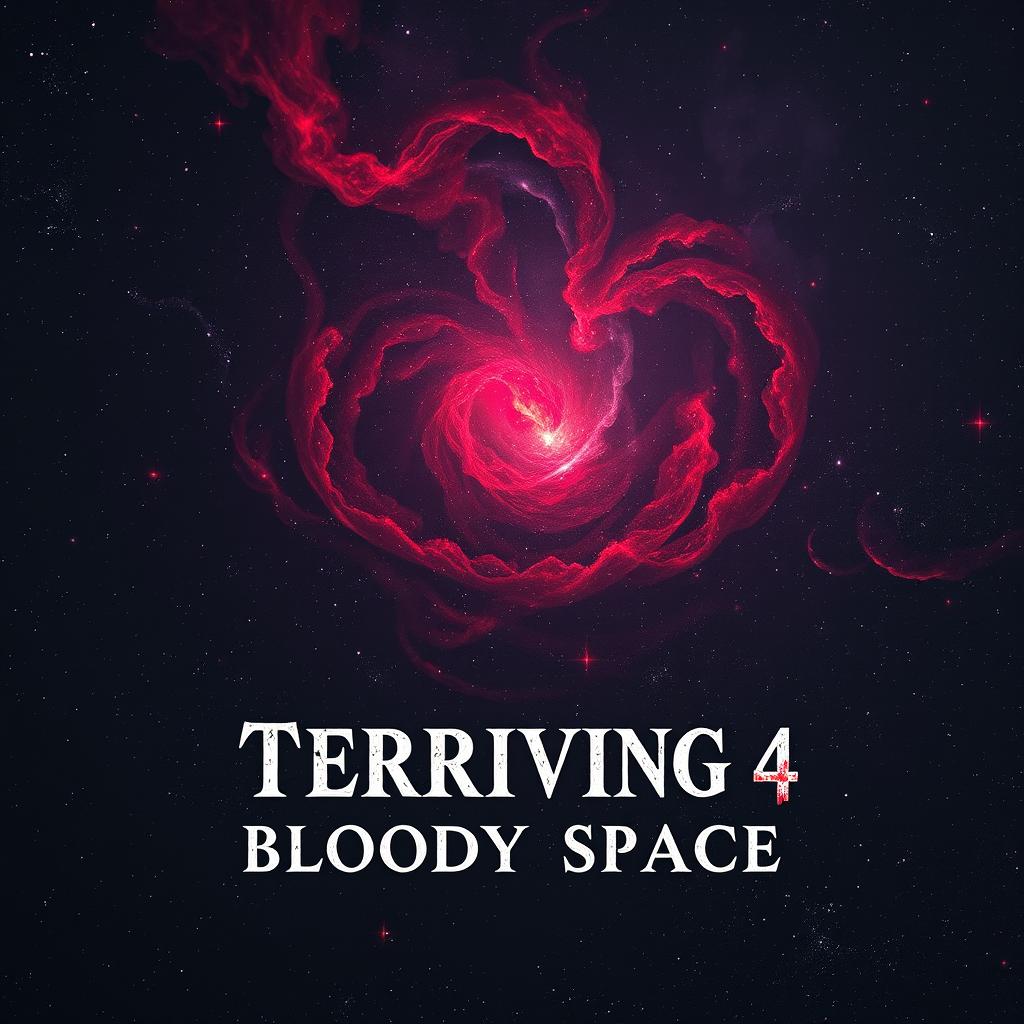 A haunting book cover background for 'Terrifying 4: Bloody Space', featuring an expansive cosmic scene filled with a deep, dark space backdrop