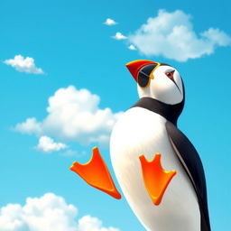Pip the puffin depicted looking up at a clear blue sky, which is filled with fluffy white clouds drifting lazily by
