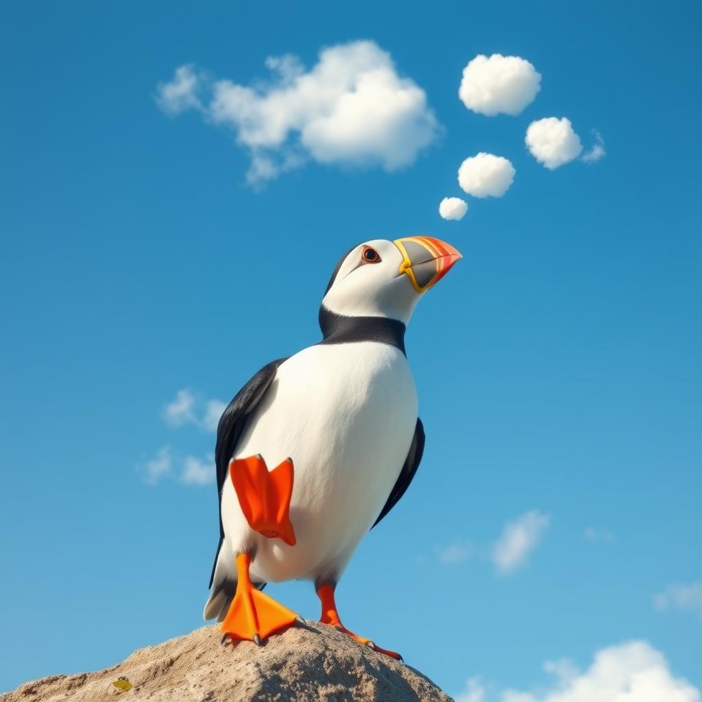 Pip the puffin depicted looking up at a clear blue sky, which is filled with fluffy white clouds drifting lazily by