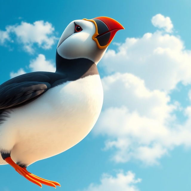 Pip the puffin depicted looking up at a clear blue sky, which is filled with fluffy white clouds drifting lazily by