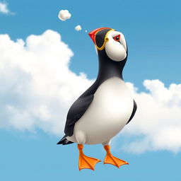 Pip the puffin depicted looking up at a clear blue sky, which is filled with fluffy white clouds drifting lazily by