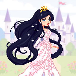 A pixel art character of a princess, featuring a beautiful design with flowing black hair cascading down her shoulders