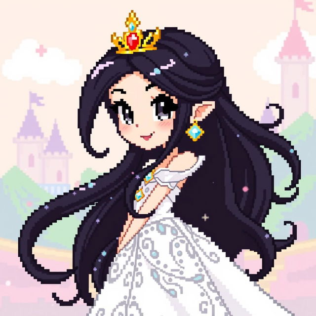 A pixel art character of a princess, featuring a beautiful design with flowing black hair cascading down her shoulders