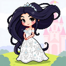 A pixel art character of a princess, featuring a beautiful design with flowing black hair cascading down her shoulders