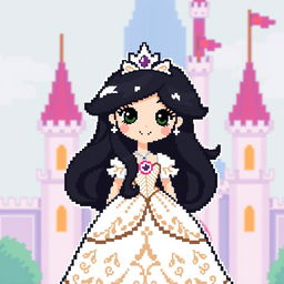 A pixel art character of a princess, showcasing a charming design with long, flowing black hair and a beautifully detailed white dress that features delicate patterns and embellishments
