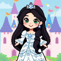 A pixel art character of a princess, showcasing a charming design with long, flowing black hair and a beautifully detailed white dress that features delicate patterns and embellishments