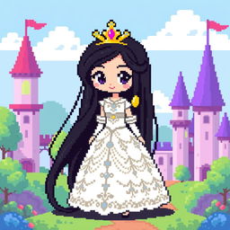 A pixel art character of a princess, showcasing a charming design with long, flowing black hair and a beautifully detailed white dress that features delicate patterns and embellishments