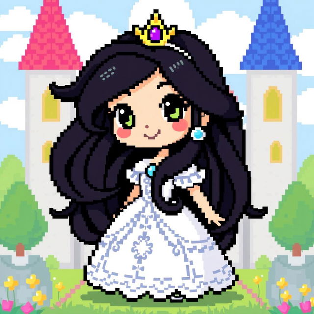 A pixel art character of a princess, showcasing a charming design with long, flowing black hair and a beautifully detailed white dress that features delicate patterns and embellishments