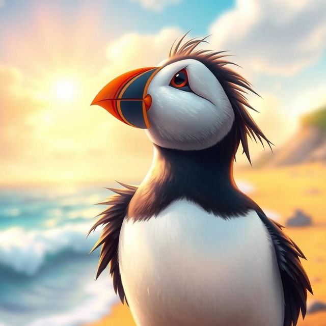 A magical scene where Pip the puffin gazes up in awe at a shimmering light in the sky